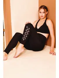 Lady Siyah Dalgıç Kumaş Yüksek Bel Taş Detaylı Tayt Lady 8213