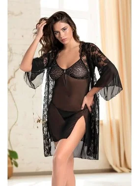 Real Passione Siyah Dantel Sabahlıklı Erotik Tül Gecelik Takım Real Passione 8089