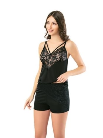 Siyah Dantelli İp Askılı Kadın Atlet Şort Takımı Kota 6394 