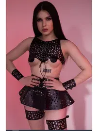 missisX Siyah Deri Lazer Kesim Büstiyer Etek Takım missisX 2184