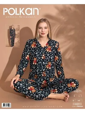 Polkan Siyah Desenli Önden Düğmeli Uzun Kollu Süet Pijama Takım Polkan 11071