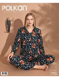 Polkan Siyah Desenli Önden Düğmeli Uzun Kollu Süet Pijama Takım Polkan 11071