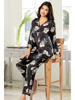 Siyah Düğmeli Gömlek Yaka Saten Empirme Pijama Çeyiz Seti XSES 2000 Siyah