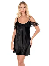 Ahu Lingerie Siyah Düşük Dantel Omuz Kısa Saten Gecelik Ahu Primoda 8140