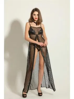 Gallipoli Siyah Fileli Elbise String Fantazi Gecelik Takım Gallipoli MGP6092