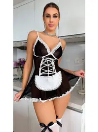 Jesica Bella Siyah Fırfırlı Erotik Hizmetçi Kostüm Jesica Bella E-00121