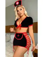 Siyah Hemşire Kostüm Kırmızı Britli Lily Bianca LB-132 Siyah