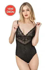 Özkan Siyah İnce Askılı Dantel Ve Tül Sırtı Açık Rahat Kancalı Çıtçıtlı Body Özkan 26835