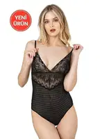 Siyah İnce Askılı Dantel Ve Tül Sırtı Açık Rahat Kancalı Çıtçıtlı Body Özkan 26835 Siyah