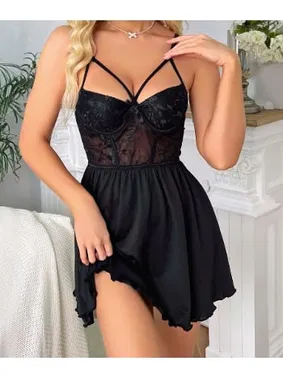 Lily Bianca Siyah İpli Dantelli Siyah Erotik Gecelik Lily Bianca 442