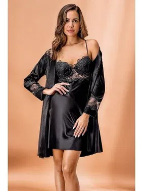 Nurteks Siyah Kaplı Saten Kimono Takım Nurteks 5384