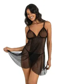 Ahu Lingerie Siyah Kısa Puantiyeli Tül Gecelik Ahu Primoda 4226