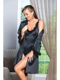 Gallipoli Siyah Kuşaklı Mini Boy Saten Sabahlık Kırmızı Gallipoli 11500 Gallipoli 