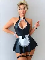 Siyah Parlak Seksi Hizmetli Kostüm Lily Bianca LB-179