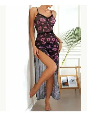 NightLight Siyah Pembe Çiçekli Transparan Uzun Yırtmaçlı Fantezi Gecelik NightLight 3690 - Alternatif Görünüm