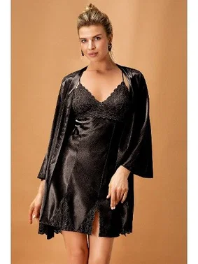 Nurteks Siyah Saten Kimono Takım Nurteks 5325