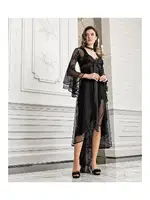 Siyah Sırt Dekolteli Yırtmaçlı 2li Saten Gecelik Set 4202 Siyah