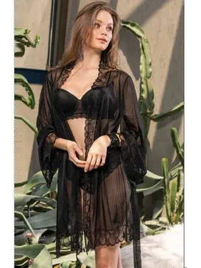 Gallipoli Siyah Transparan Kuşaklı Sabahlık Gallipoli MGP11340