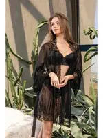 Siyah Transparan Kuşaklı Sabahlık Gallipoli MGP11340 Siyah detay görünüm