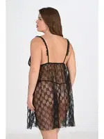 Siyah Tül Dantel Büyük Beden Gecelik Ahu Primoda 3041 Siyah detay görünüm