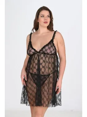 Ahu Lingerie Siyah Tül Dantel Büyük Beden Gecelik Ahu Primoda 3041