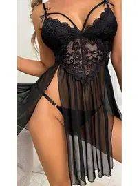 Ruselin Siyah Tül Dantel Erotik Fantezi Gecelik Ruselin 2104