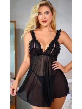 Ruselin Siyah Tül Göğüs Dekolteli Fırfırlı Transparan Fantezi Gecelik Ruselin 2110