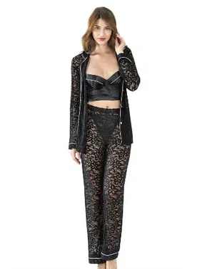 Ahu Lingerie Siyah Üçlü Büstiyerli Saten Sabahlık Gecelik Pijama Takımı Ahu 7637