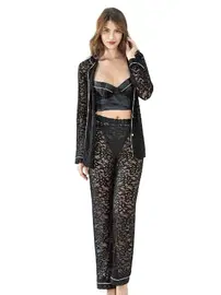 Ahu Lingerie Siyah Üçlü Büstiyerli Saten Sabahlık Gecelik Pijama Takımı Ahu 7637