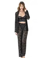 Siyah Üçlü Büstiyerli Saten Sabahlık Gecelik Pijama Takımı Ahu 7637 Siyah