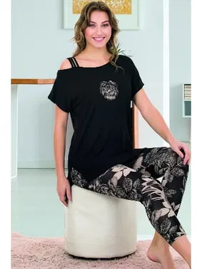 Lady Siyah Viskon Düşük Kollu Rahat Kesim Kapri Pijama Takımı Lady 12067