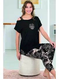 Lady Siyah Viskon Düşük Kollu Rahat Kesim Kapri Pijama Takımı Lady 12067