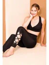 Lady Siyah Yüksek Bel Dalgıç Kumaş Taş Detaylı Tayt Lady 8212