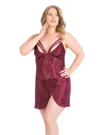 Ahu Lingerie Stil Büyük Beden Bordo Kısa Jakarlı Gecelik Primoda Ahu 2069