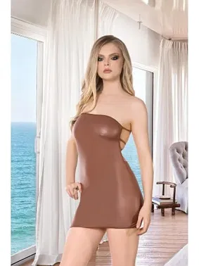 İzabel Straplez Kahverengi Seksi Mini Lame Deri Elbise İzabel 8013