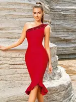 Tek Omuz Askılı Kırmızı Uzun Seksi Elbise Pink Night 5523 Kırmızı