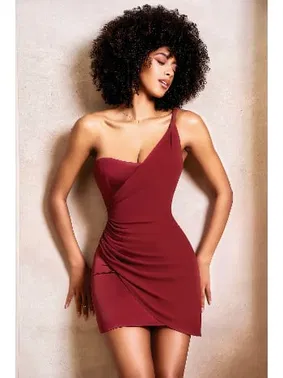 Pink Night Tek Omuz Askılı Seksi Mini Kırmızı Elbise Pink Night 3326