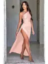 Tek Omuz Sırt Dekolteli Derin Yırtmaçlı Seksi Uzun Elbise Pink Night 5539