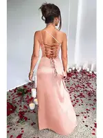 Tek Omuz Sırt Dekolteli Derin Yırtmaçlı Seksi Uzun Elbise Pink Night 5539 Ten detay görünüm