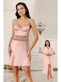 İmaj Transparan Kaplı Sabahlıklı Gecelik 2li Çeyizlik Saten Takım 4201