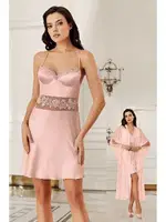 Transparan Kaplı Sabahlıklı Gecelik 2li Çeyizlik Saten Takım 4201 Somon