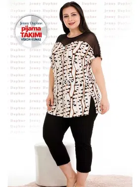 Lady Transparan Omuzlu Büyük Beden Desenli Kapri Pijama Takımı Lady 10675