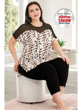 Lady Transparan Omuzlu Büyük Beden Desenli Kapri Pijama Takımı Lady 10675 - Alternatif Görünüm