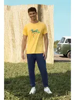 Tropikal Yazı Baskılı Kısa Kollu Erkek T-Shirt Pijama Takımı Doreanse 4893 Sarı