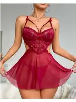 Tül Dantel Kırmızı İpli Dekolteli Erotik Gecelik Ruselin 2162 Kırmızı