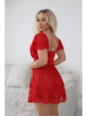 NightLight Tül Dantelli Jarse Kırmızı Seksi Kadın Gecelik NightLight 3115 - Alternatif Görünüm