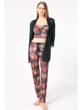 Anıl Tül Dantelli Sabahlık Balenli Destekli Dolgulu Yaka Detaylı Çiçek Baskılı Kadife Büstiyer Sütyen ve Pantolon Pijama 3'lü Takım Anıl 5683