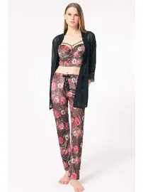 Anıl Tül Dantelli Sabahlık Balenli Destekli Dolgulu Yaka Detaylı Çiçek Baskılı Kadife Büstiyer Sütyen ve Pantolon Pijama 3'lü Takım Anıl 5683