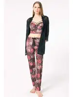 Tül Dantelli Sabahlık Balenli Destekli Dolgulu Yaka Detaylı Çiçek Baskılı Kadife Büstiyer Sütyen ve Pantolon Pijama 3'lü Takım Anıl 5683 Siyah