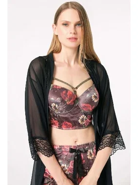 Anıl Tül Dantelli Sabahlık Balenli Destekli Dolgulu Yaka Detaylı Çiçek Baskılı Kadife Büstiyer Sütyen ve Pantolon Pijama 3'lü Takım Anıl 5683 - Alternatif Görünüm